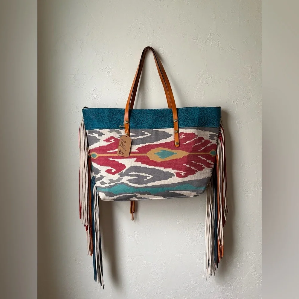 Handmade Southwestern Ikat Leather Fringe Oversized Tote Bag NWT